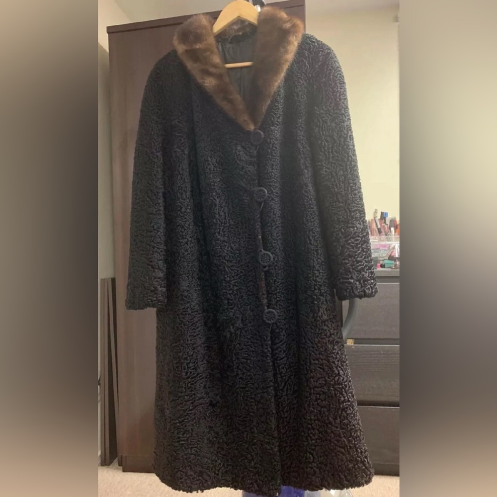 Women's Black Fur Coat with Brown Fur Collar